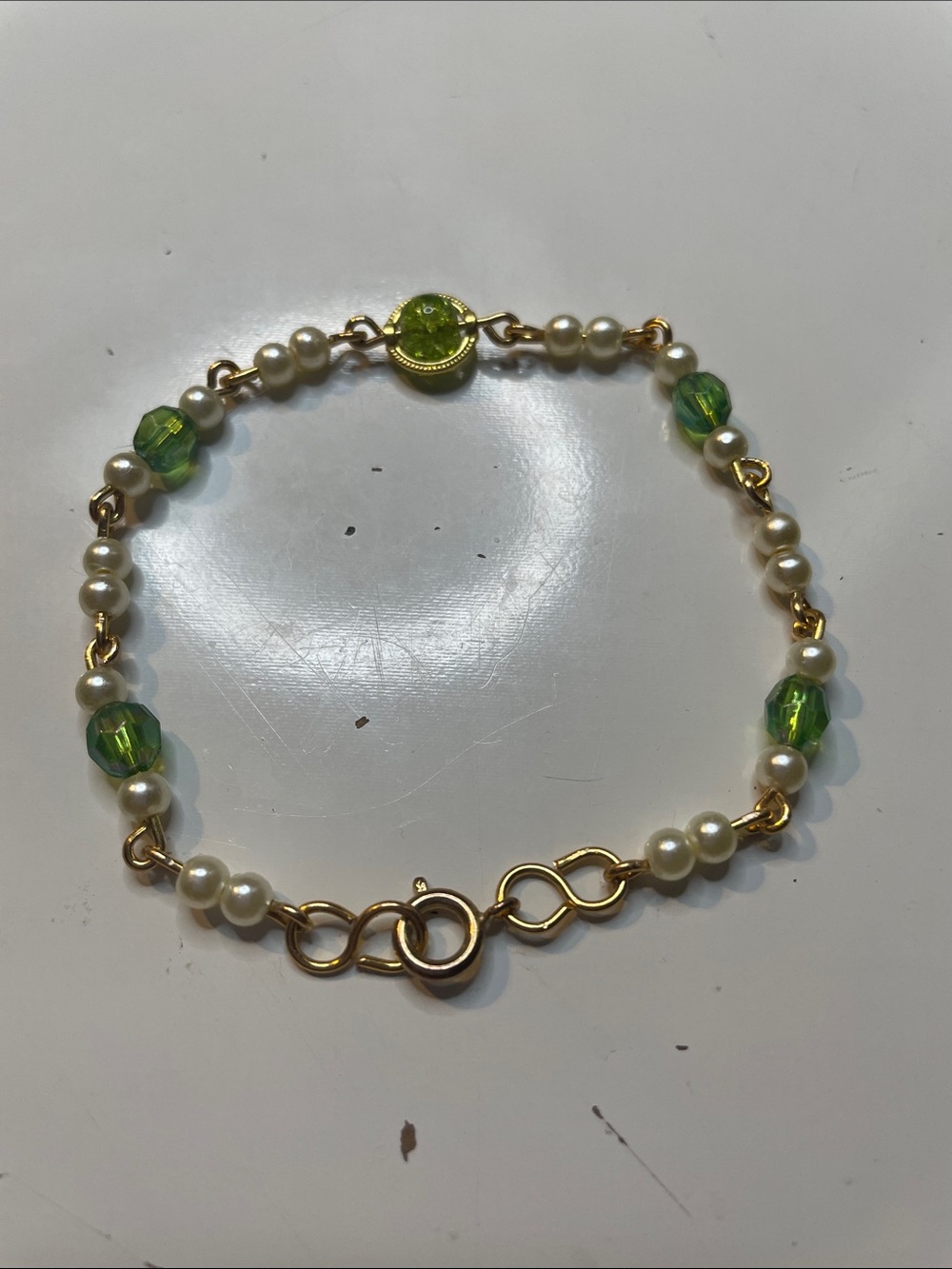 Gold Tone Links with Faux Pearl Bracelet with Green Beaded Accents